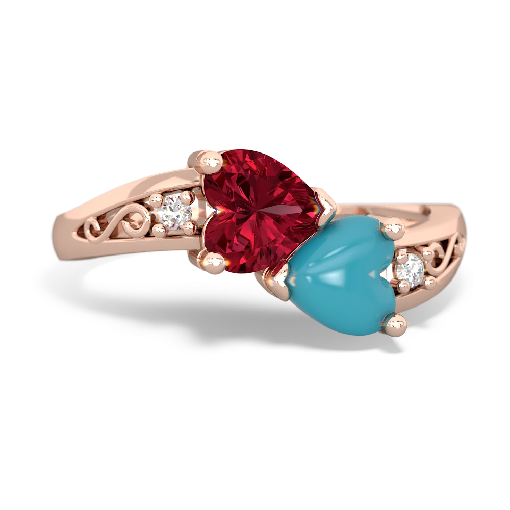 Lab Ruby Snuggling Hearts 14K Rose Gold ring R2178