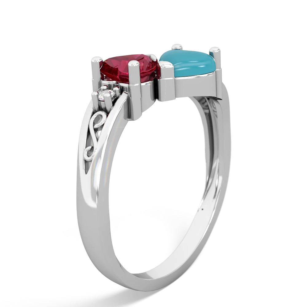 Lab Ruby Snuggling Hearts 14K White Gold ring R2178