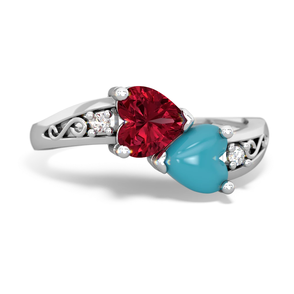 Lab Ruby Snuggling Hearts 14K White Gold ring R2178