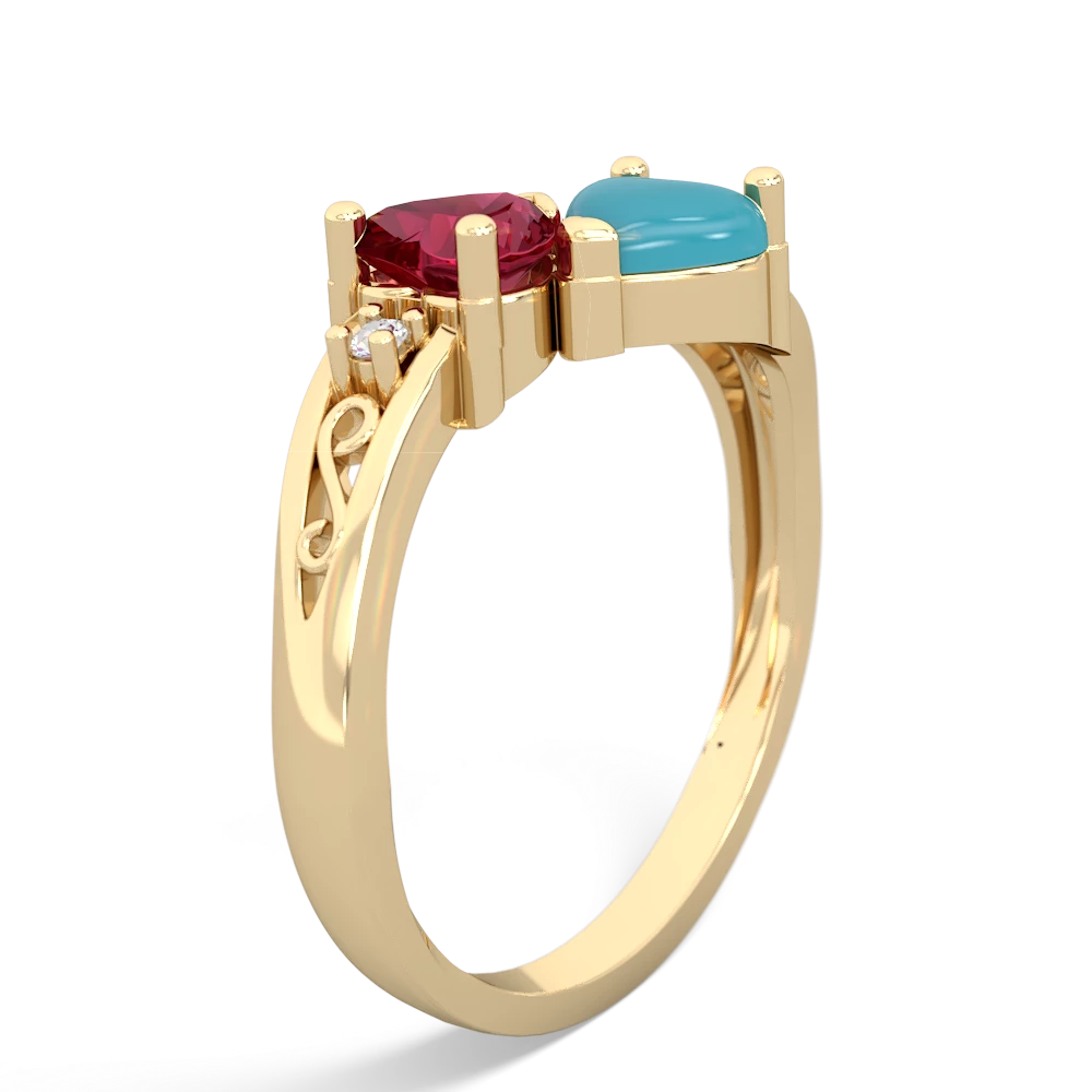 Lab Ruby Snuggling Hearts 14K Yellow Gold ring R2178