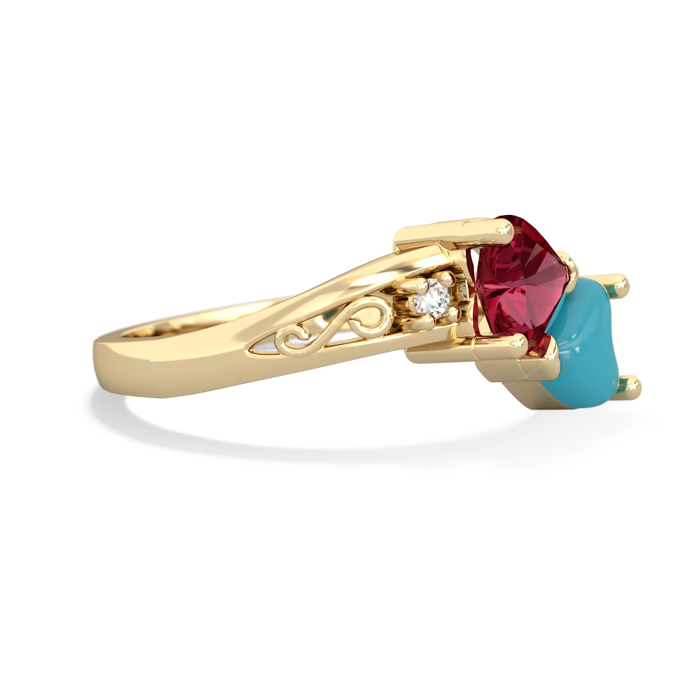 Lab Ruby Snuggling Hearts 14K Yellow Gold ring R2178