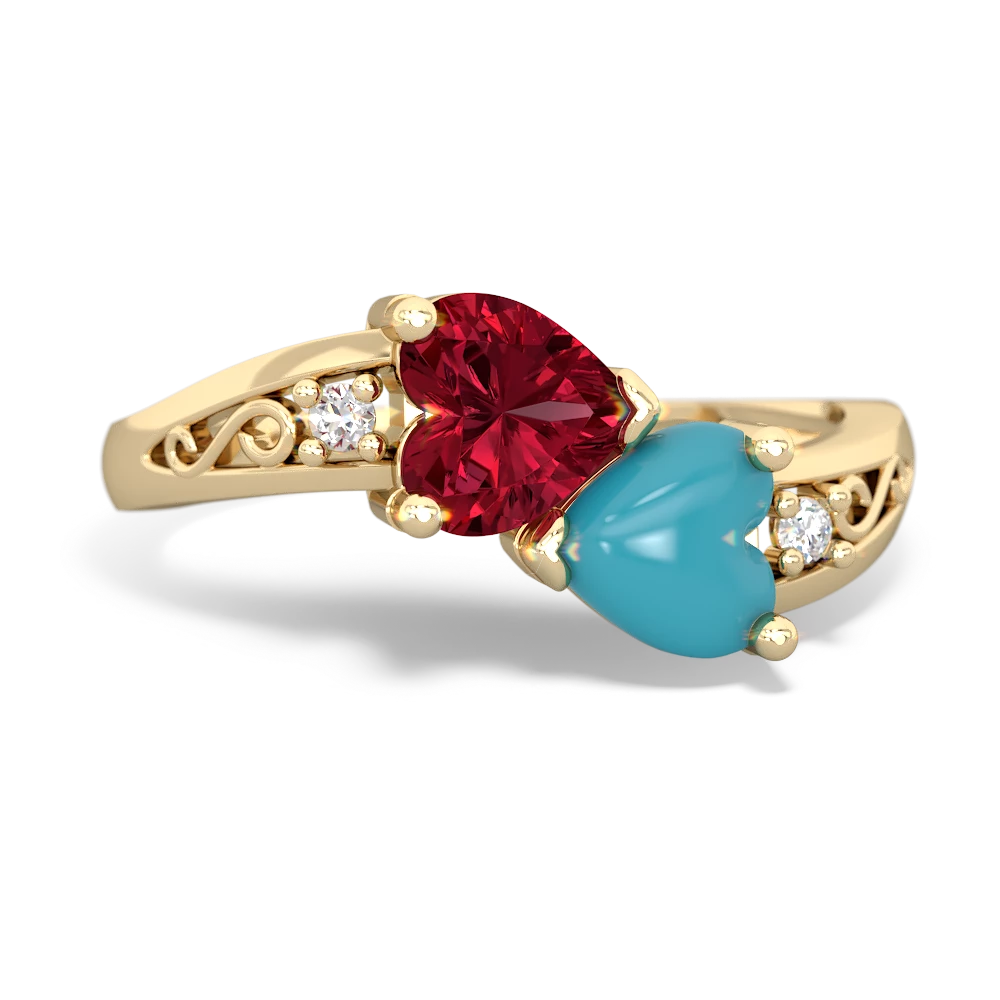 Lab Ruby Snuggling Hearts 14K Yellow Gold ring R2178