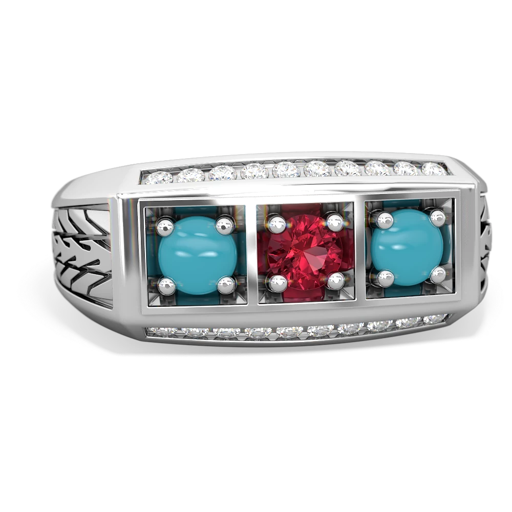 Lab Ruby Three Stone Tire Tread Men's 14K White Gold ring R0520