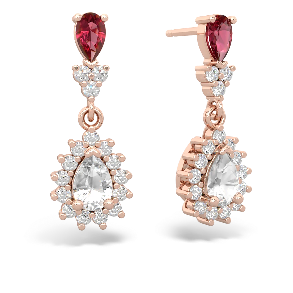 Lab Ruby Halo Pear Dangle 14K Rose Gold earrings E1882