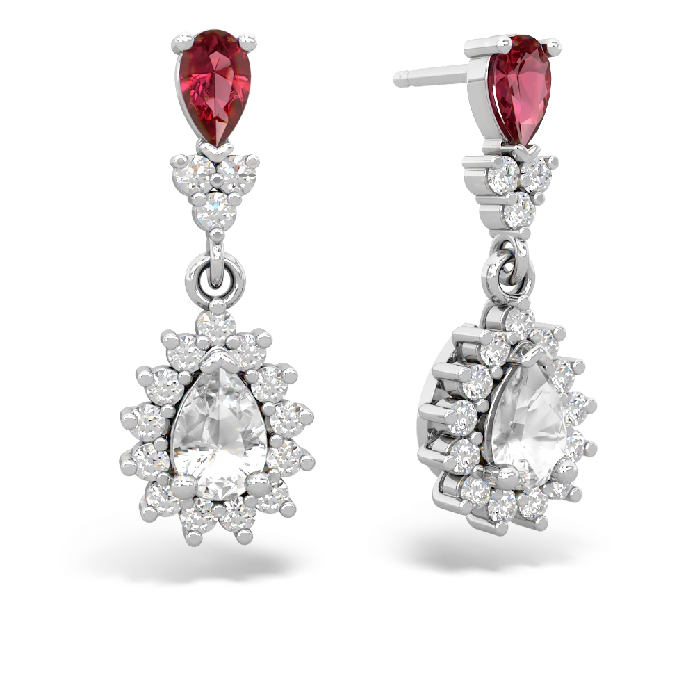 Lab Ruby Halo Pear Dangle 14K White Gold earrings E1882