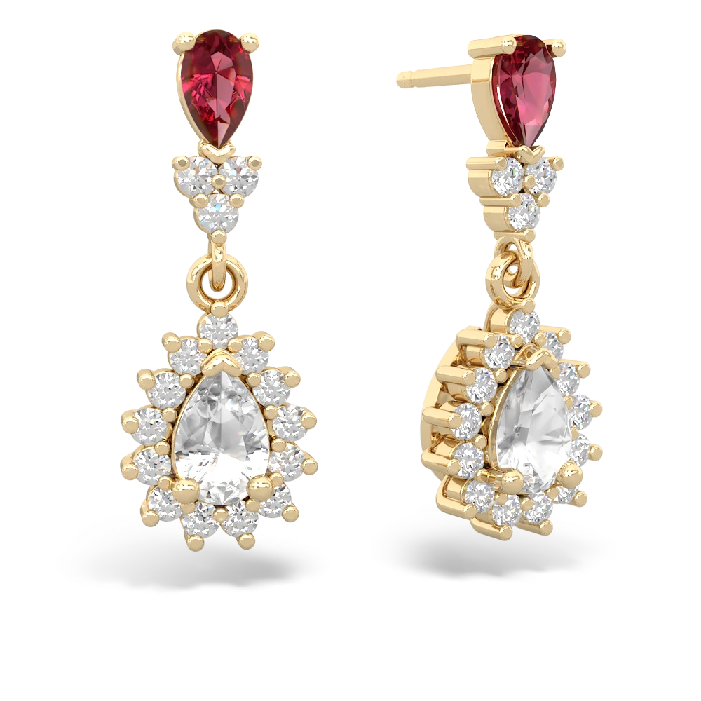 Lab Ruby Halo Pear Dangle 14K Yellow Gold earrings E1882