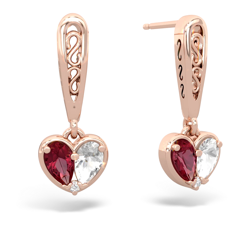 Lab Ruby Filligree Heart 14K Rose Gold earrings E5070