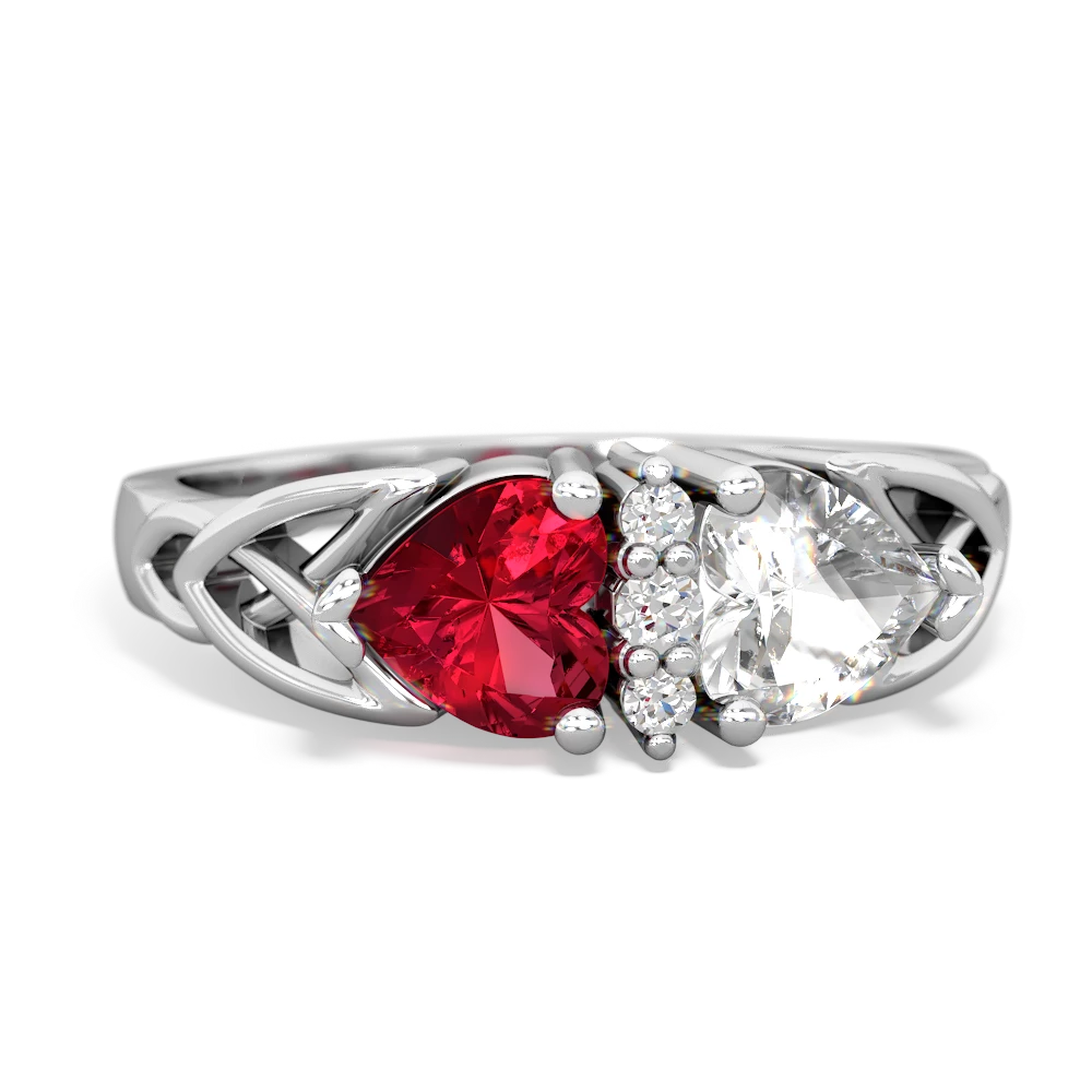 Lab Ruby Celtic Knot Double Heart 14K White Gold ring R5040