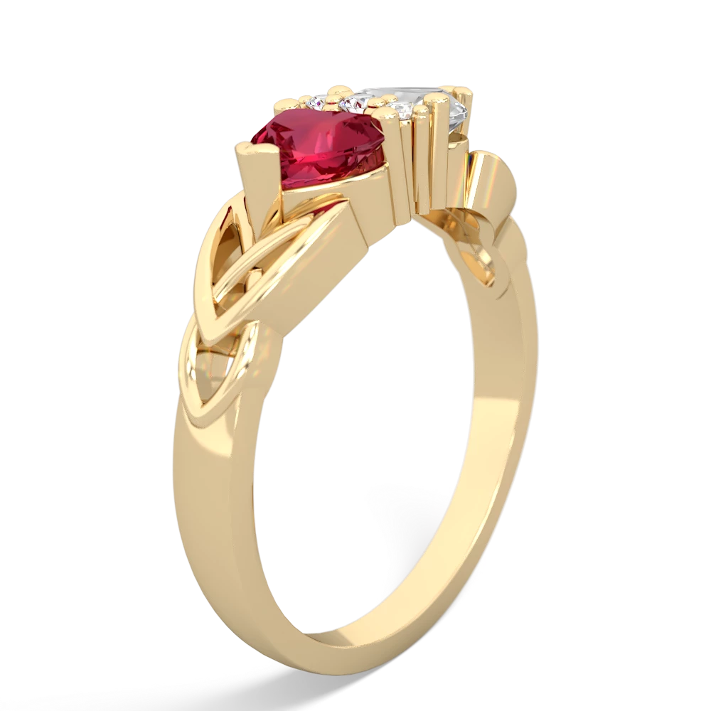 Lab Ruby Celtic Knot Double Heart 14K Yellow Gold ring R5040