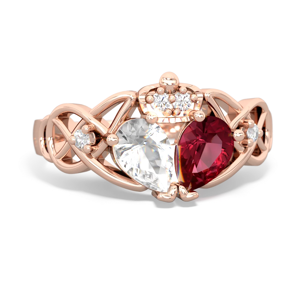 Lab Ruby 'One Heart' Celtic Knot Claddagh 14K Rose Gold ring R5322