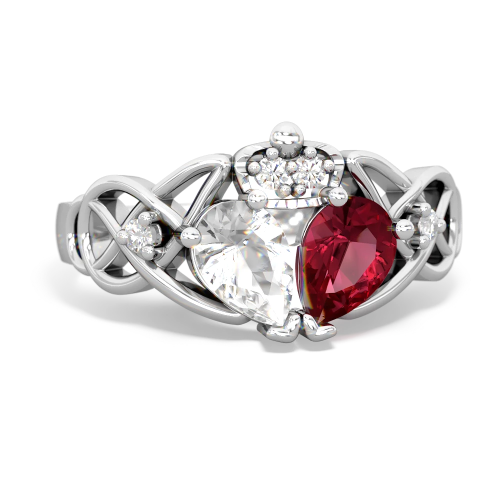 Lab Ruby 'One Heart' Celtic Knot Claddagh 14K White Gold ring R5322