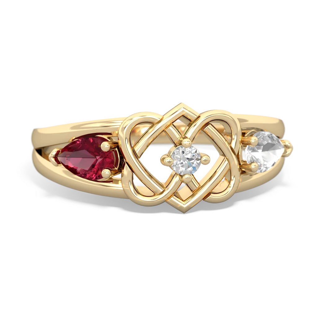 Lab Ruby Hearts Intertwined 14K Yellow Gold ring R5880