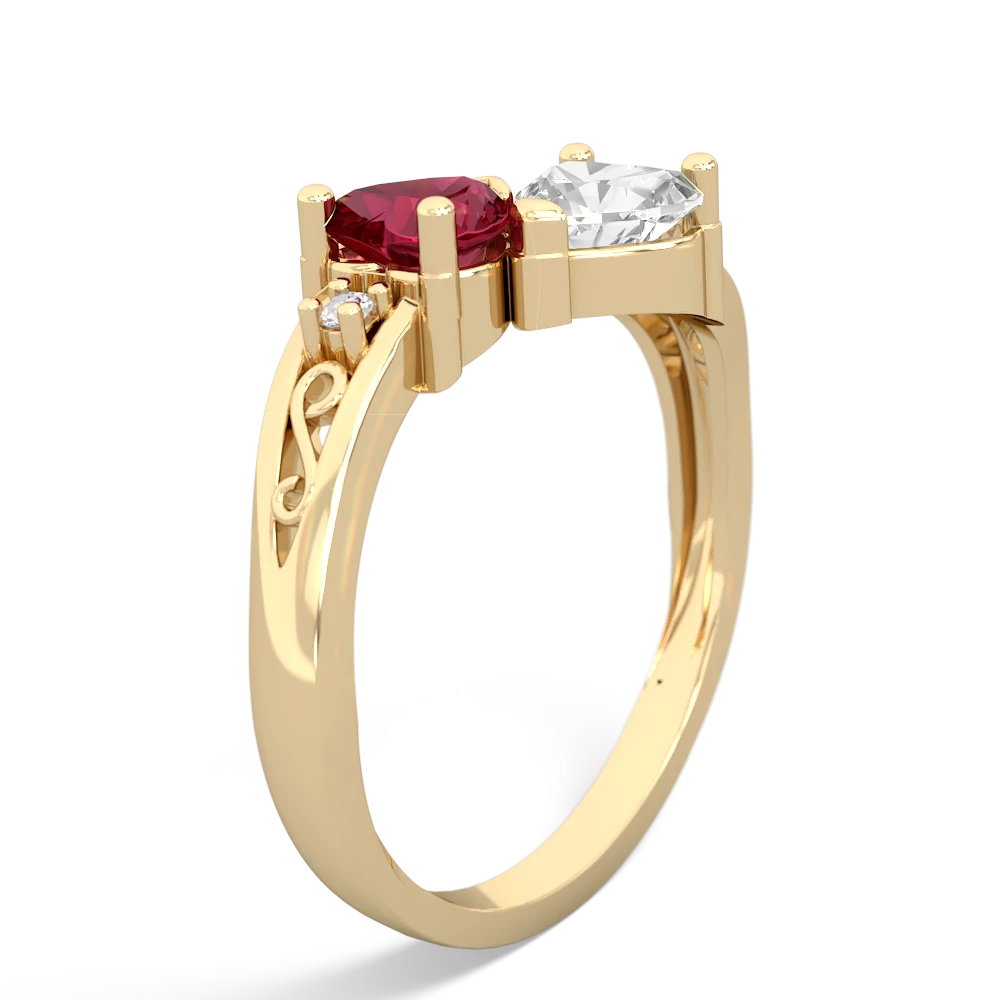 Lab Ruby Snuggling Hearts 14K Yellow Gold ring R2178