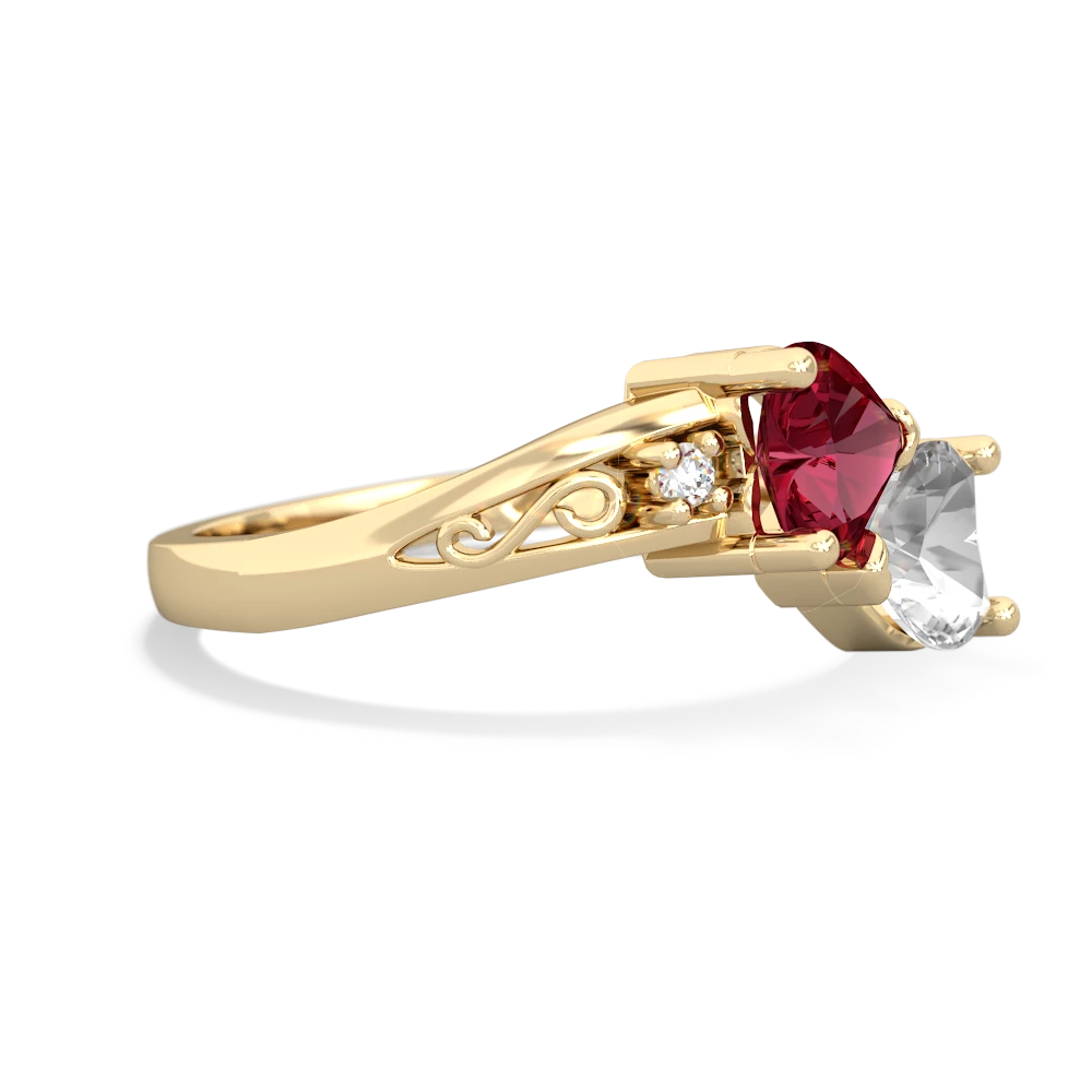 Lab Ruby Snuggling Hearts 14K Yellow Gold ring R2178