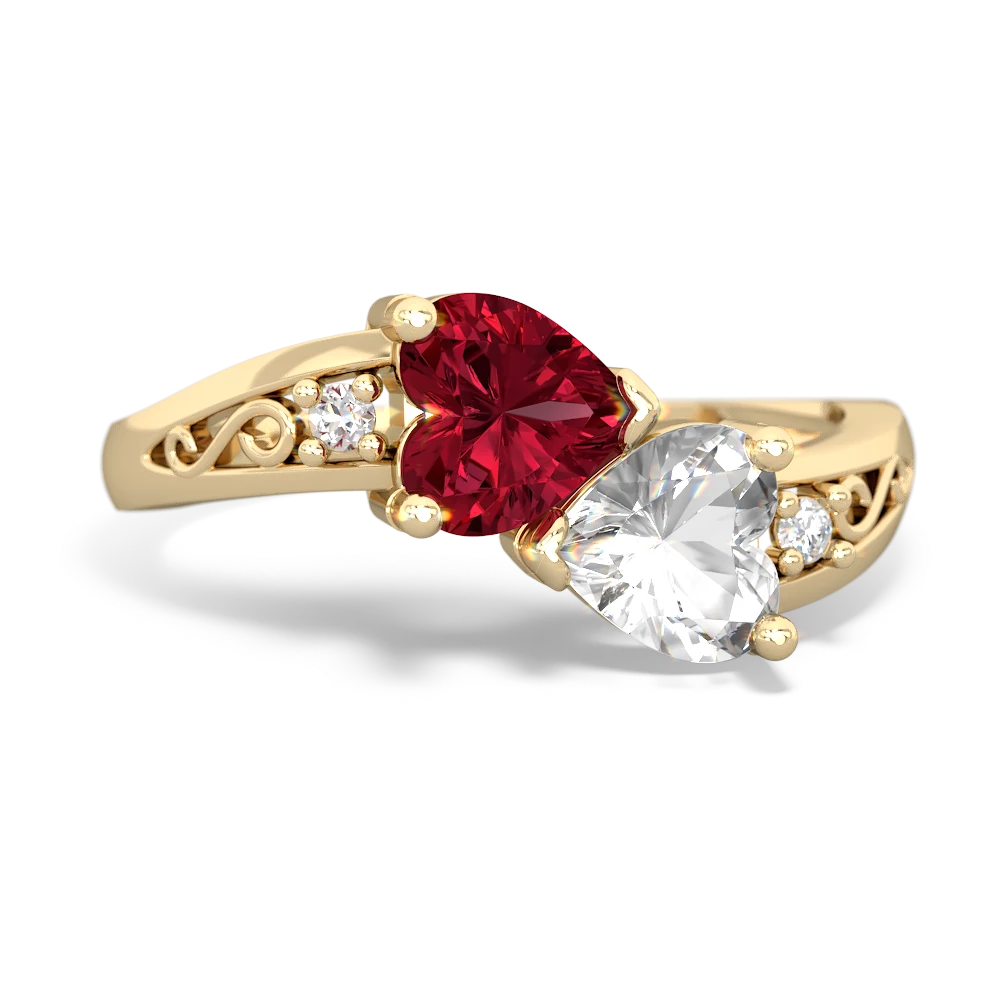 Lab Ruby Snuggling Hearts 14K Yellow Gold ring R2178