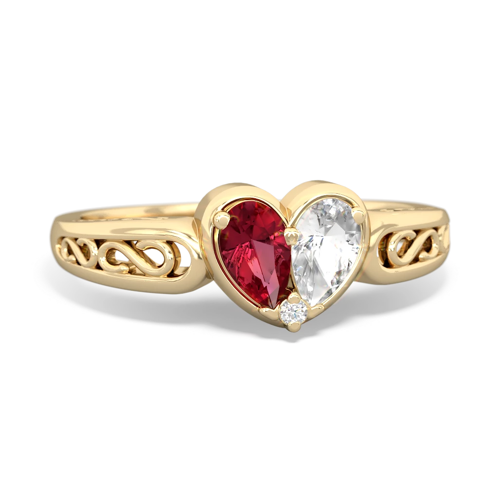 Lab Ruby Filligree 'One Heart' 14K Yellow Gold ring R5070