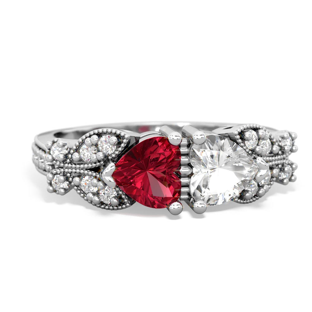 Lab Ruby Diamond Butterflies 14K White Gold ring R5601