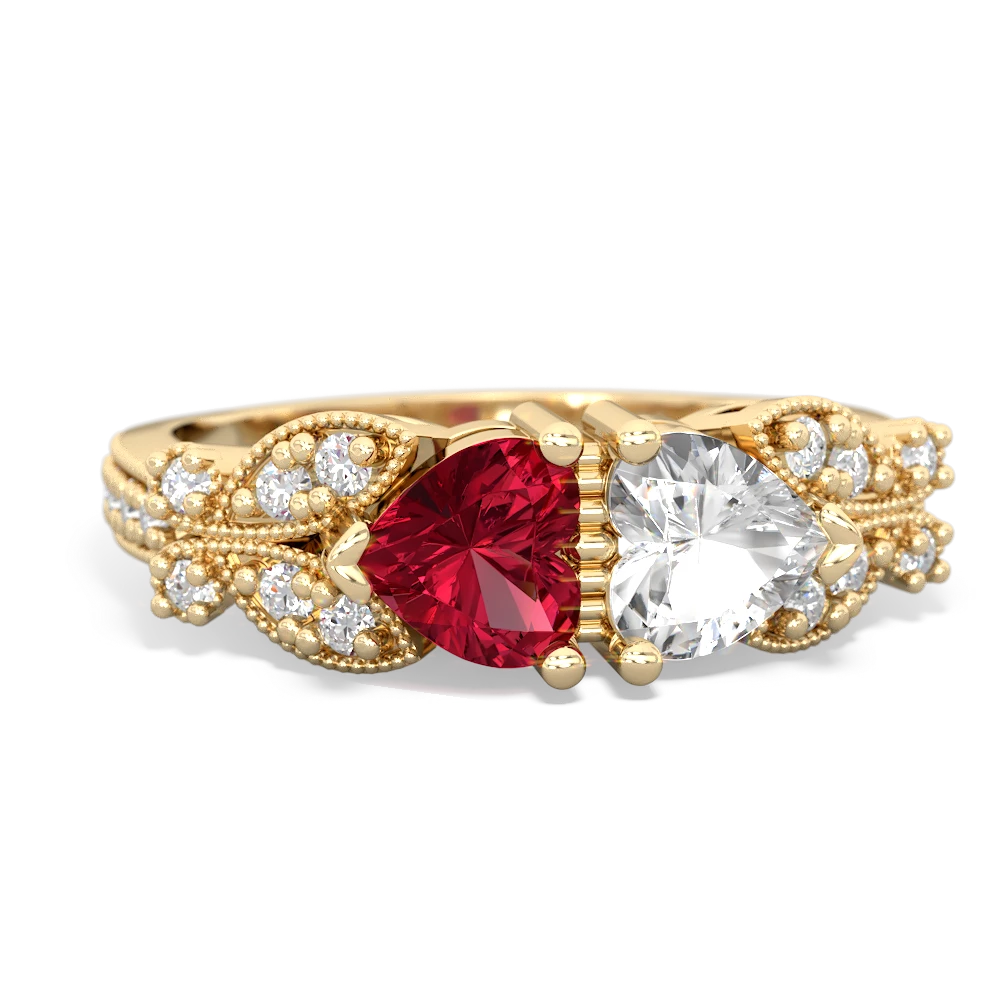 Lab Ruby Diamond Butterflies 14K Yellow Gold ring R5601