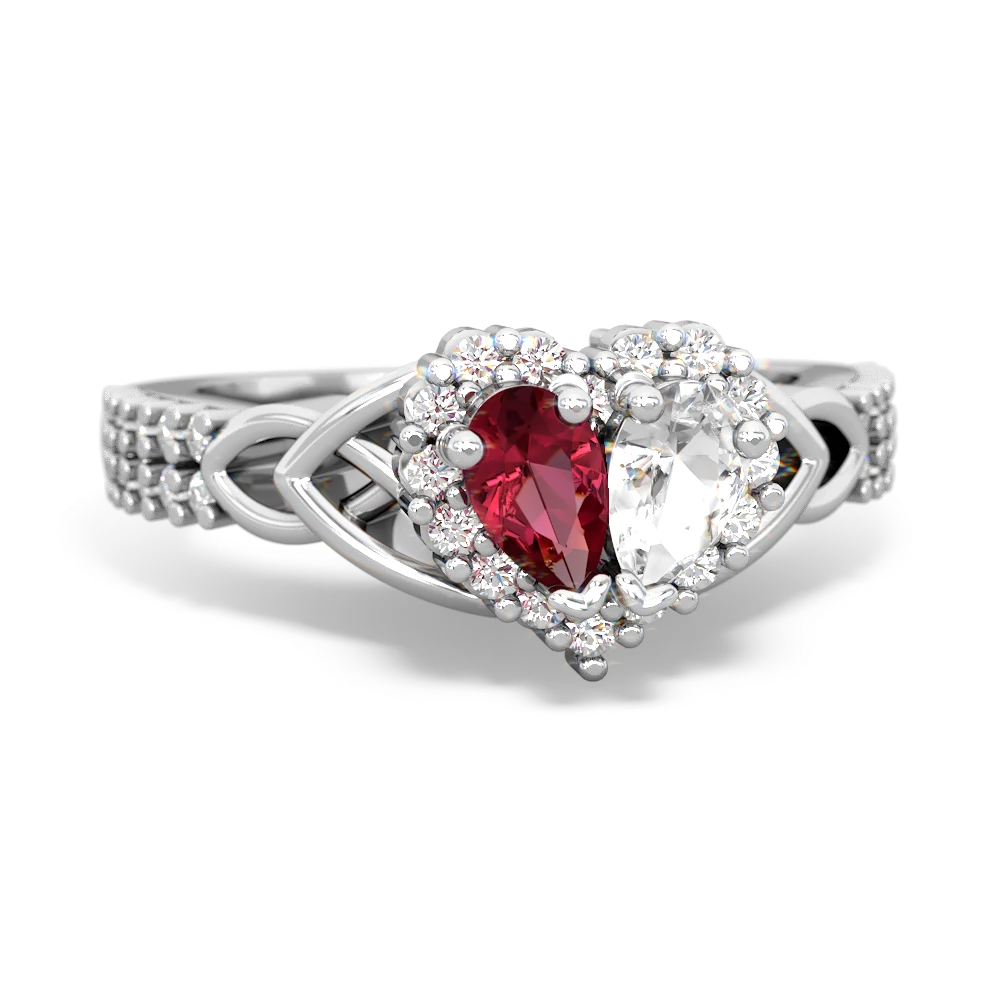 Lab Ruby Celtic Knot Two Hearts As One 14K White Gold ring R2644HRT