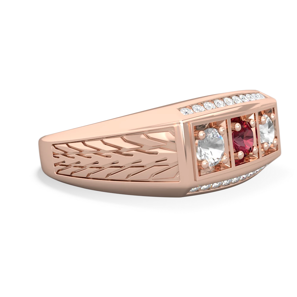 Lab Ruby Three Stone Tire Tread Men's 14K Rose Gold ring R0520