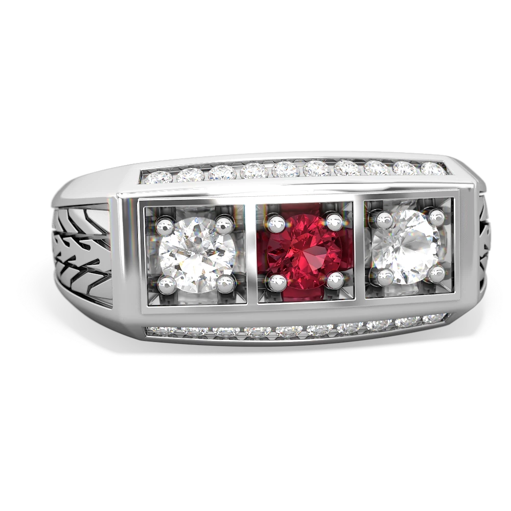 Lab Ruby Three Stone Tire Tread Men's 14K White Gold ring R0520