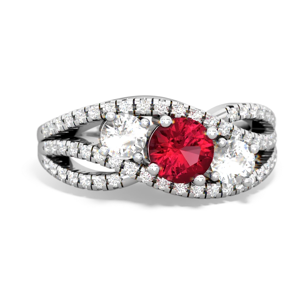 Lab Ruby Three Stone Aurora 14K White Gold ring R3080