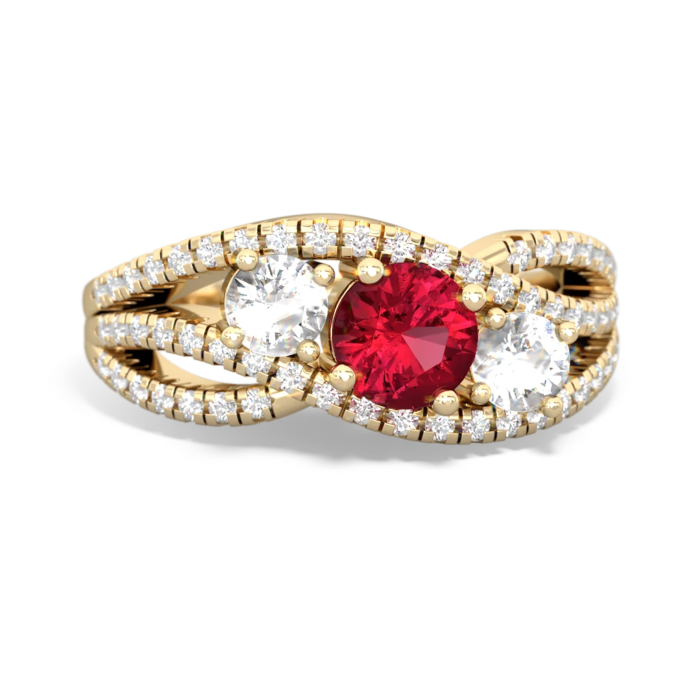 Lab Ruby Three Stone Aurora 14K Yellow Gold ring R3080