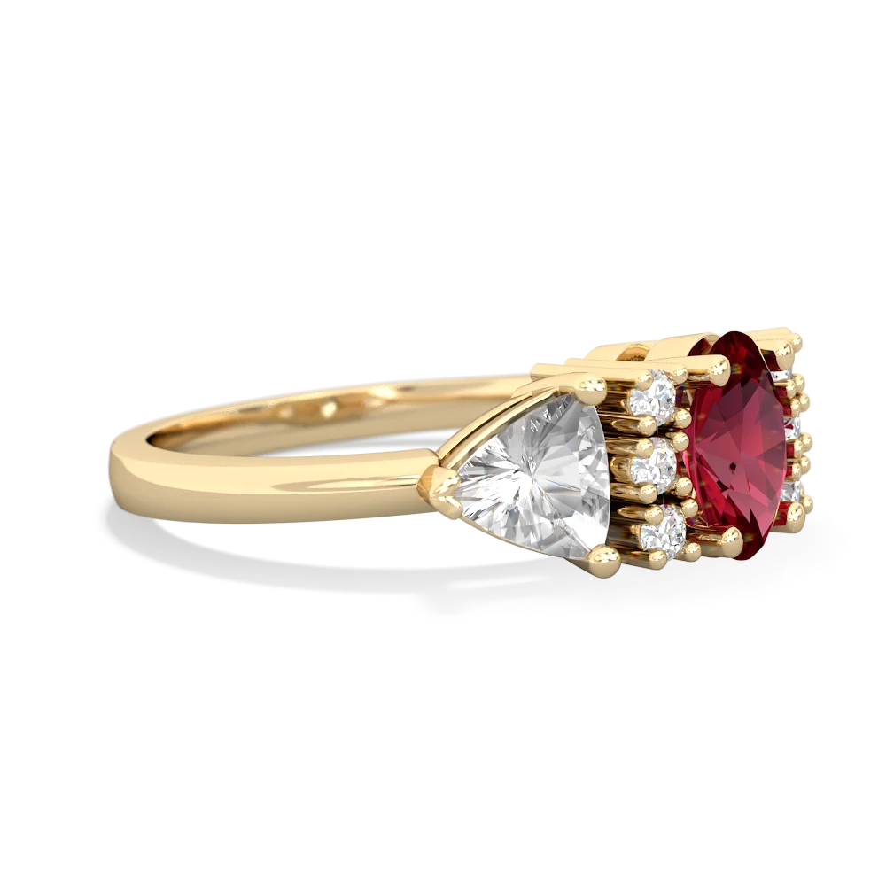 Lab Ruby Antique Style Three Stone 14K Yellow Gold ring R2186