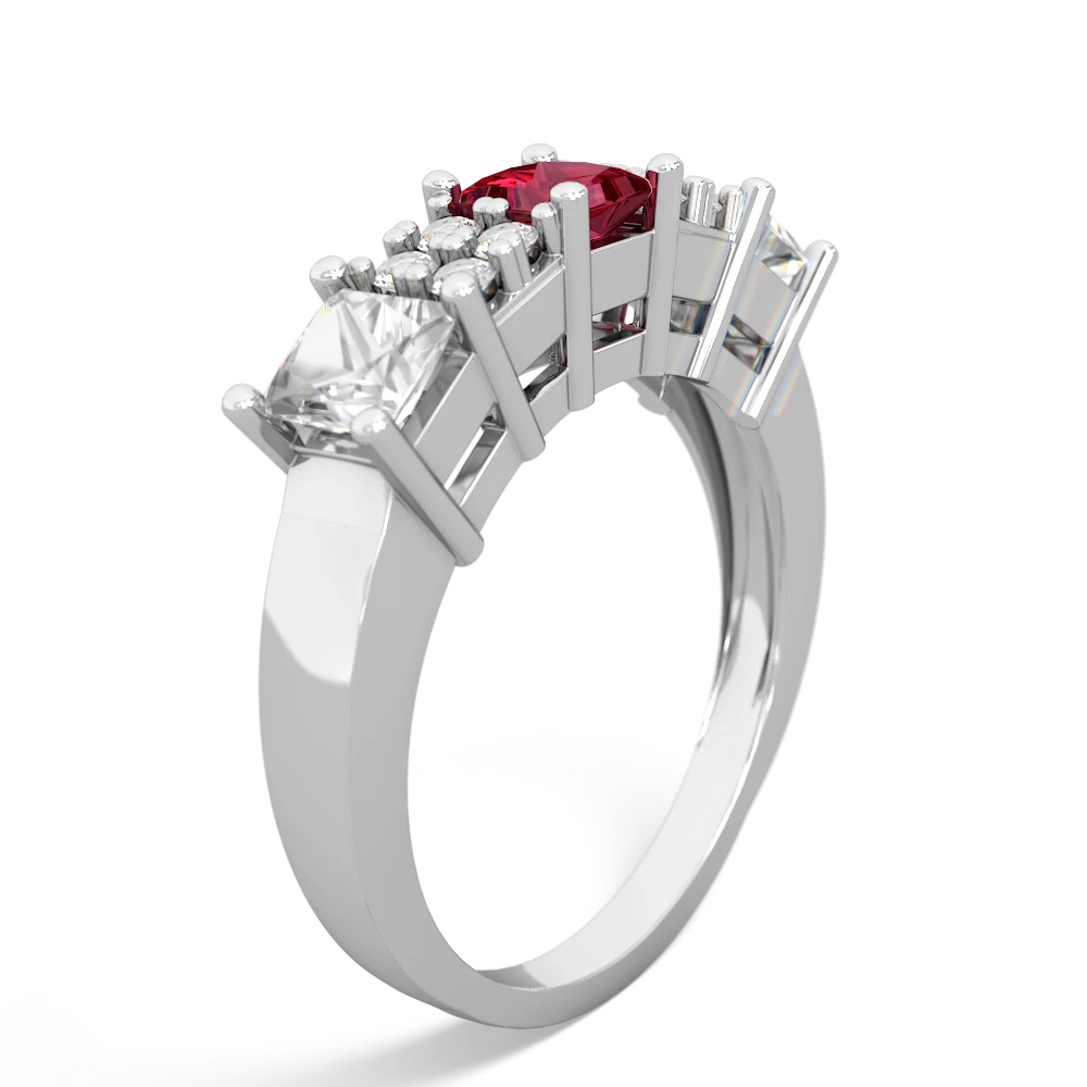 Lab Ruby Three Stone Diamond Cluster 14K White Gold ring R2592