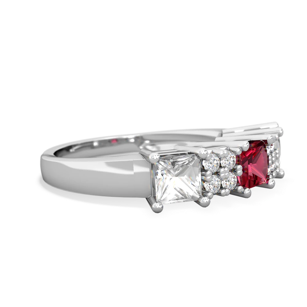 Lab Ruby Three Stone Diamond Cluster 14K White Gold ring R2592