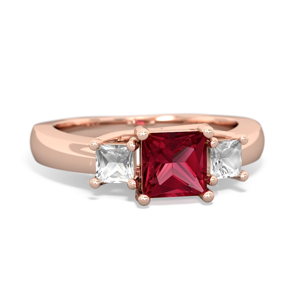 Lab Ruby Three Stone Trellis 14K Rose Gold ring R4015