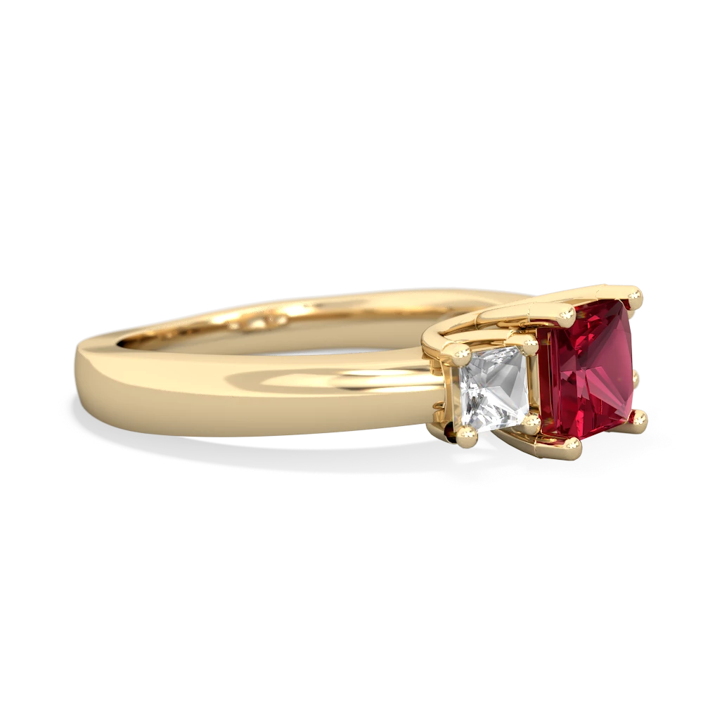 Lab Ruby Three Stone Trellis 14K Yellow Gold ring R4015