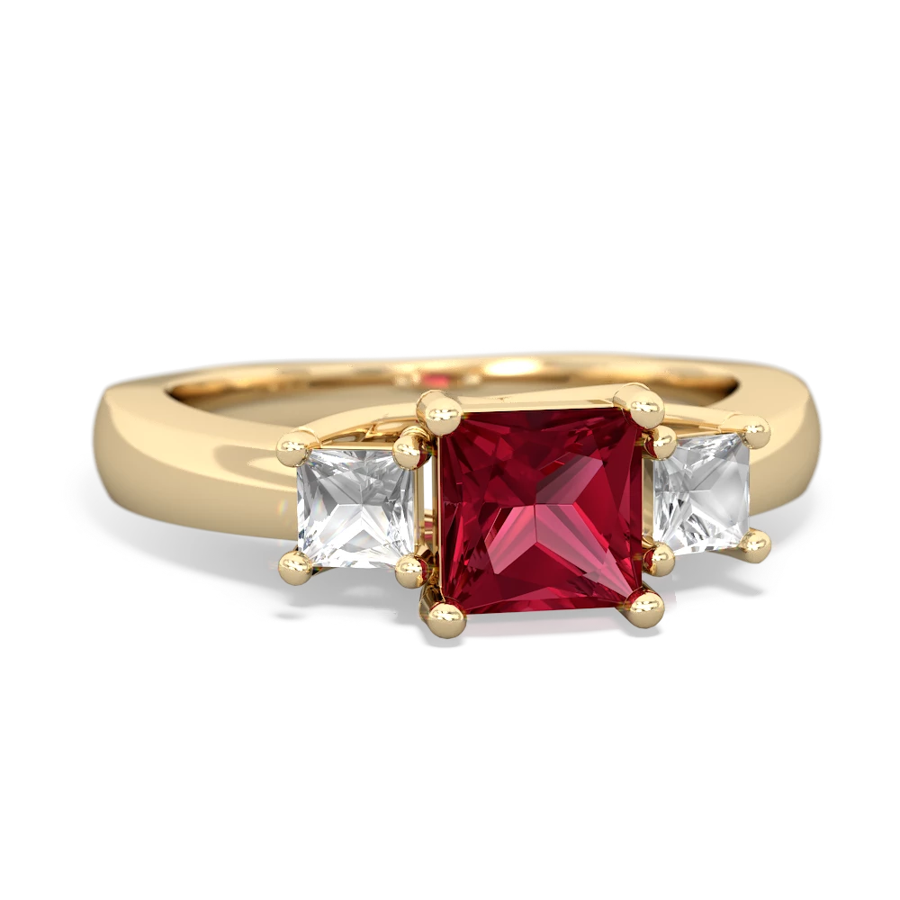 Lab Ruby Three Stone Trellis 14K Yellow Gold ring R4015