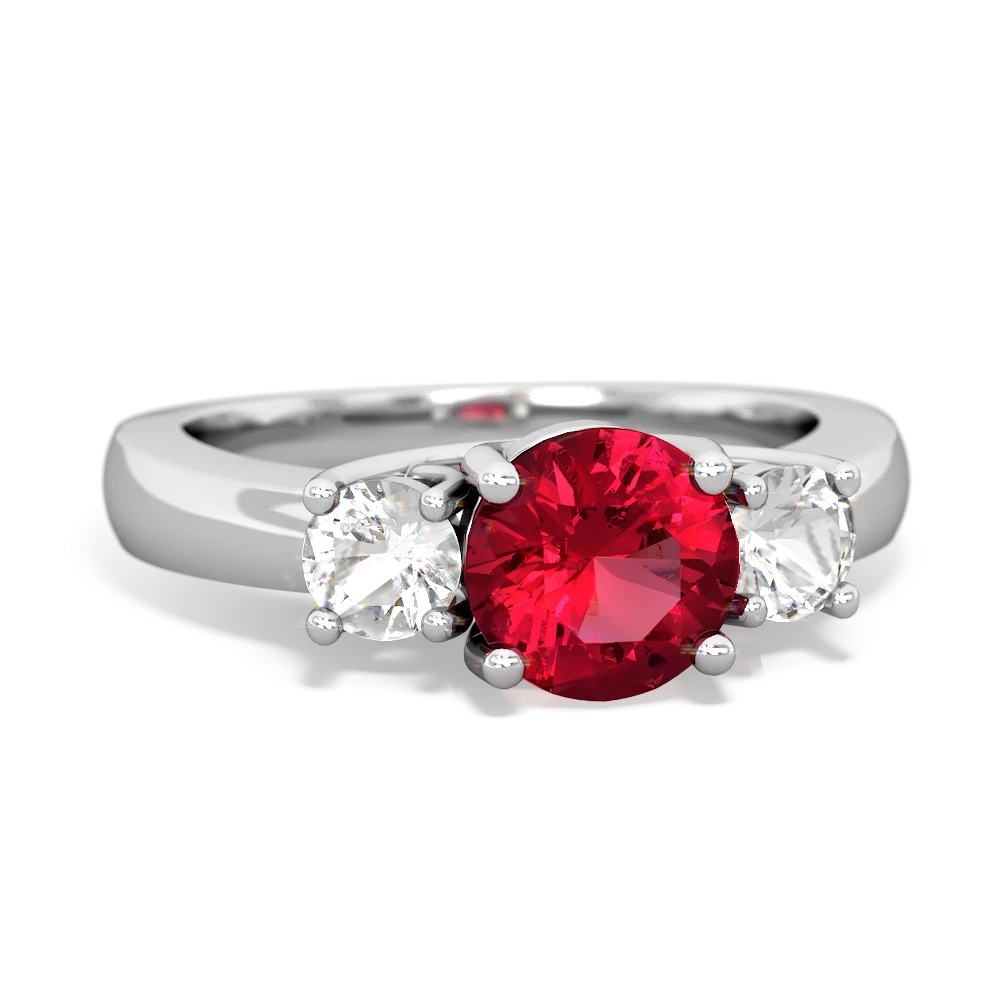 Lab Ruby Three Stone Round Trellis 14K White Gold ring R4018