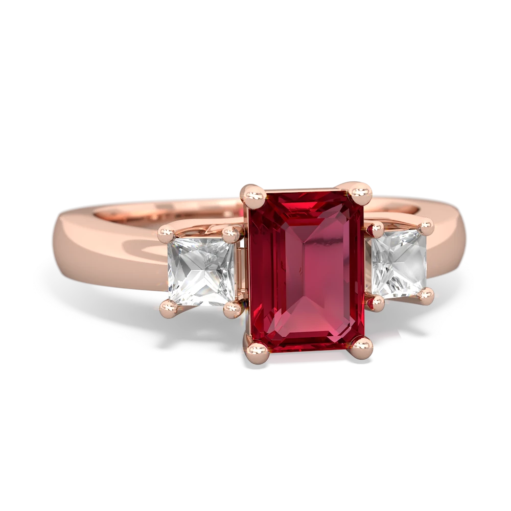 Lab Ruby Three Stone Emerald-Cut Trellis 14K Rose Gold ring R4021