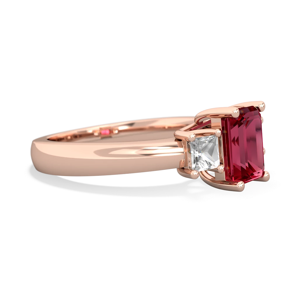 Lab Ruby Three Stone Emerald-Cut Trellis 14K Rose Gold ring R4021