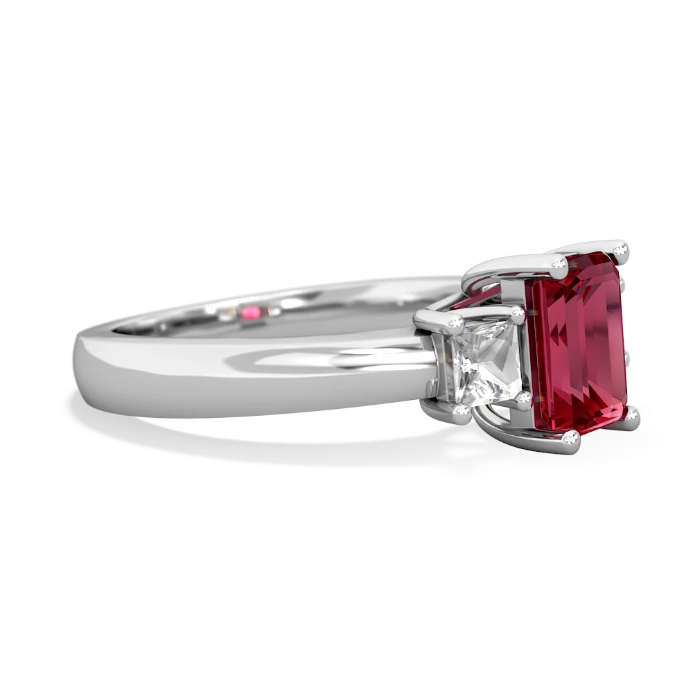 Lab Ruby Three Stone Emerald-Cut Trellis 14K White Gold ring R4021