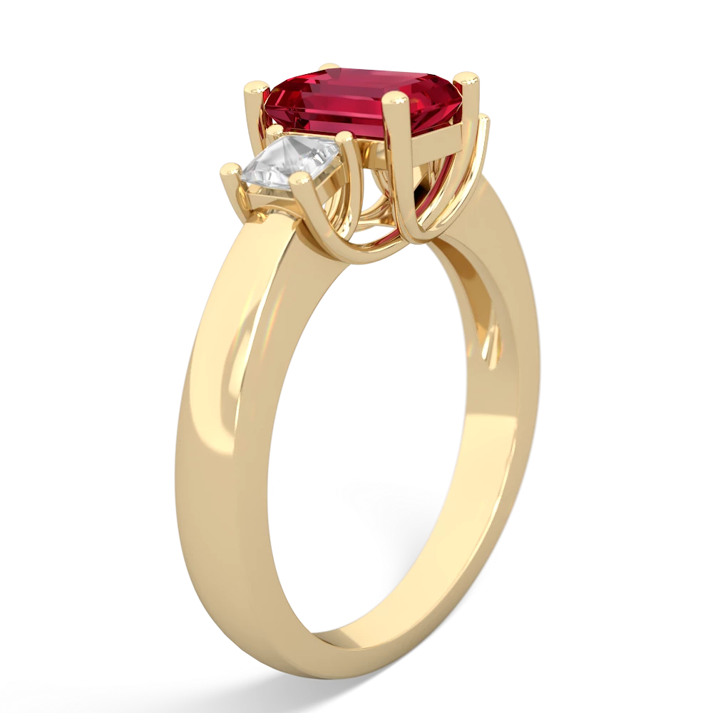 Lab Ruby Three Stone Emerald-Cut Trellis 14K Yellow Gold ring R4021