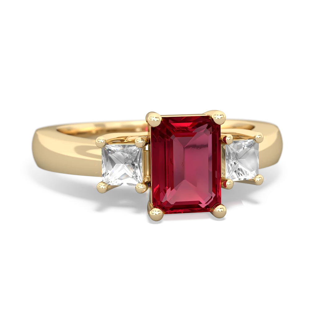 Lab Ruby Three Stone Emerald-Cut Trellis 14K Yellow Gold ring R4021