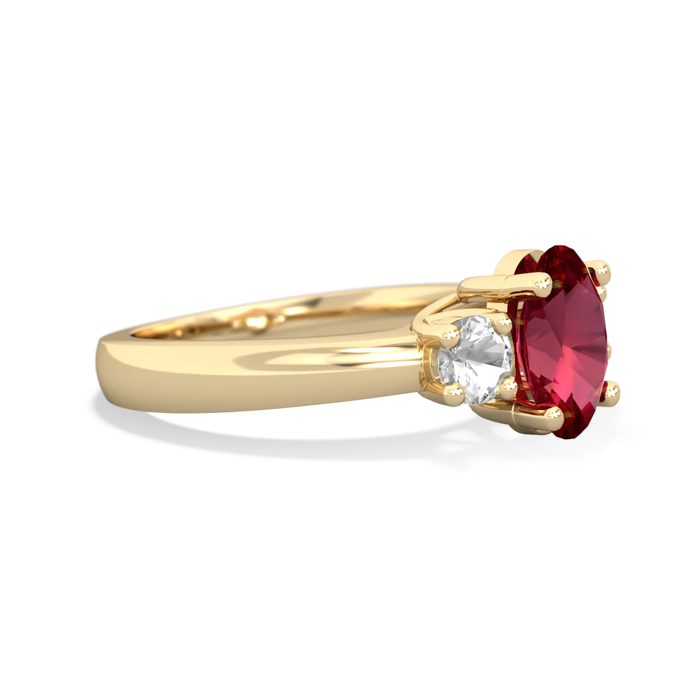 Lab Ruby Three Stone Oval Trellis 14K Yellow Gold ring R4024