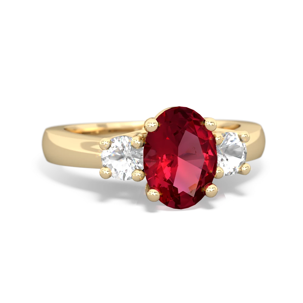 Lab Ruby Three Stone Oval Trellis 14K Yellow Gold ring R4024