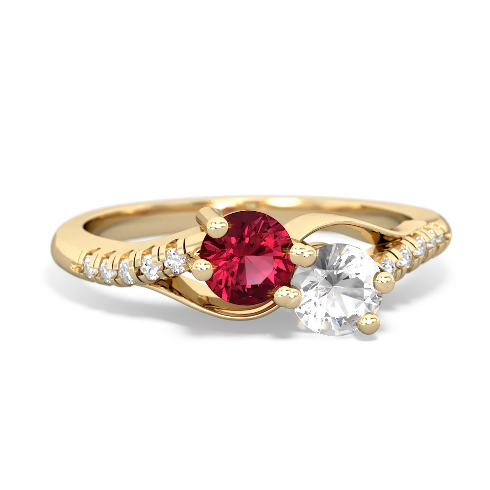 Lab Ruby Infinity Pave Two Stone 14K Yellow Gold ring R5285