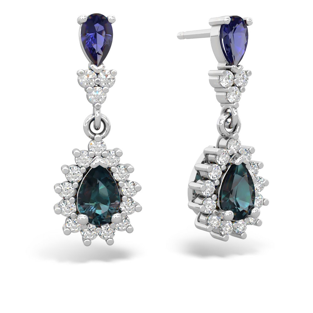 Lab Sapphire Halo Pear Dangle 14K White Gold earrings E1882