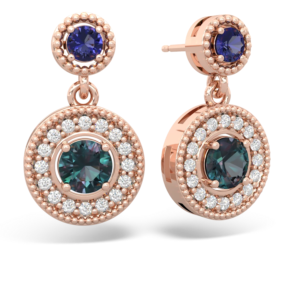 Lab Sapphire Halo Dangle 14K Rose Gold earrings E5319