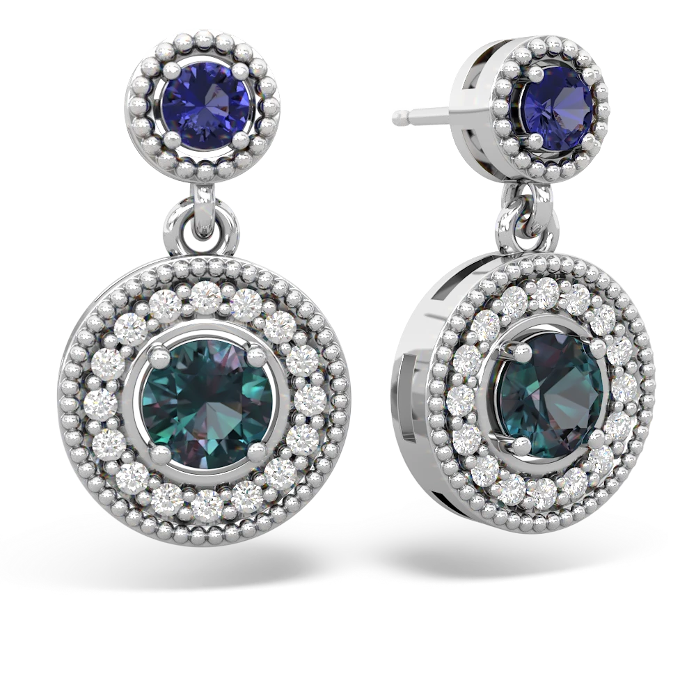 Lab Sapphire Halo Dangle 14K White Gold earrings E5319