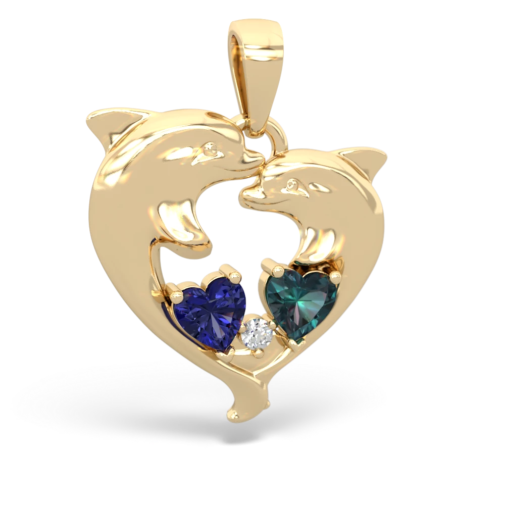 Lab Sapphire Dolphin Heart 14K Yellow Gold pendant P5820