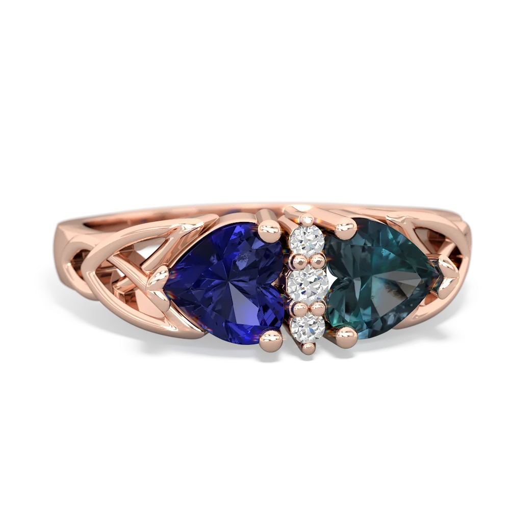 Lab Sapphire Celtic Knot Double Heart 14K Rose Gold ring R5040