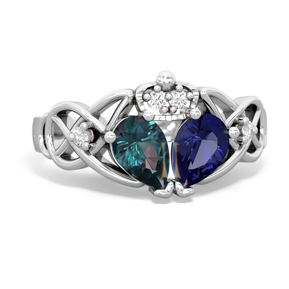 Lab Sapphire 'One Heart' Celtic Knot Claddagh 14K White Gold ring R5322