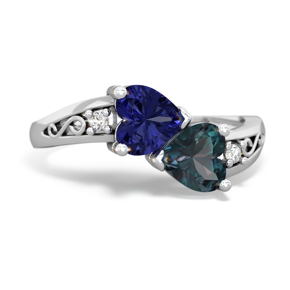 Lab Sapphire Snuggling Hearts 14K White Gold ring R2178