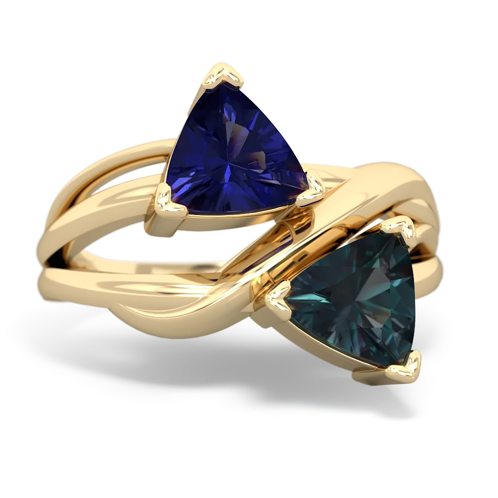 Lab Sapphire Split Band Swirl 14K Yellow Gold ring R2341